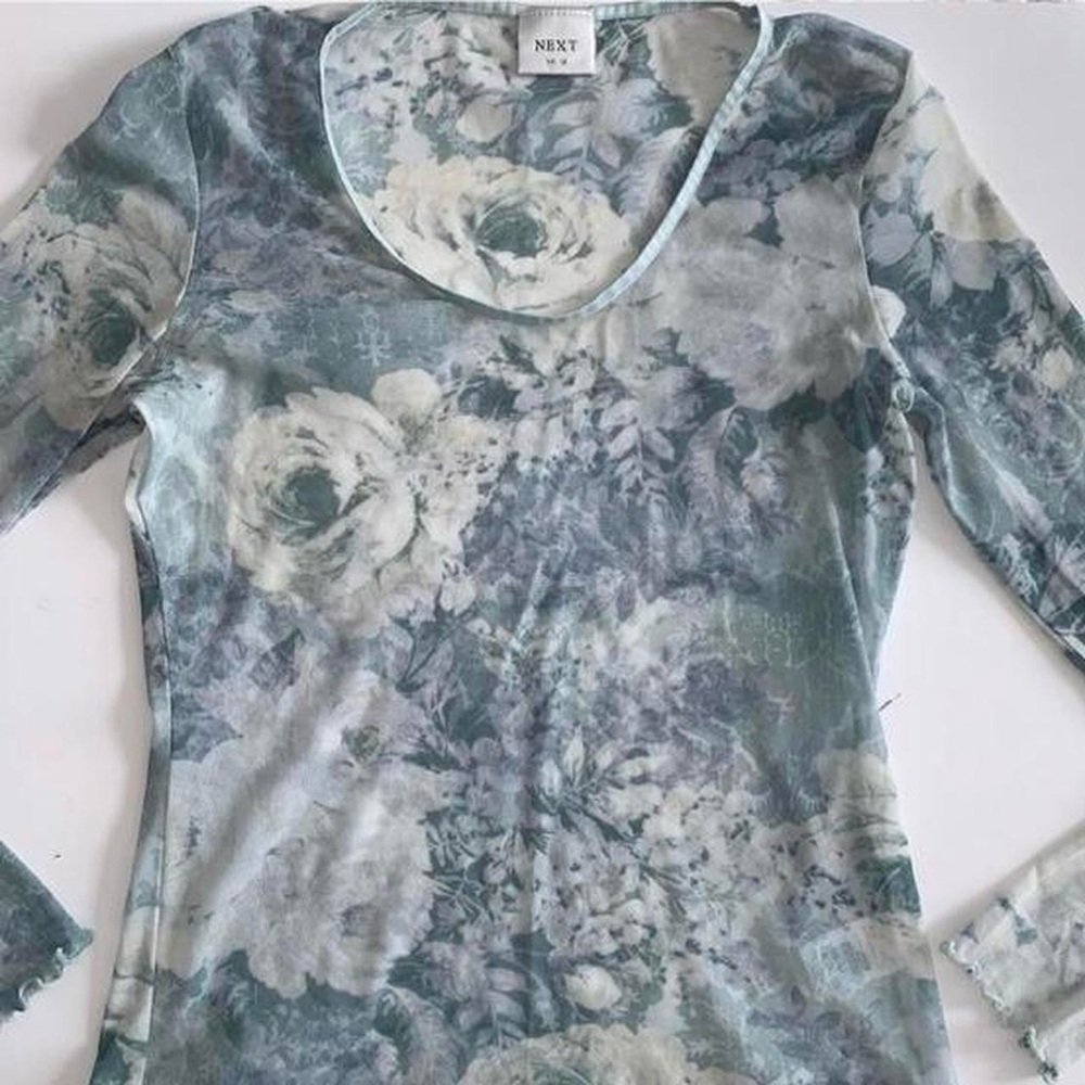 next : blue sheer longsleeved floral top w lettuce trim